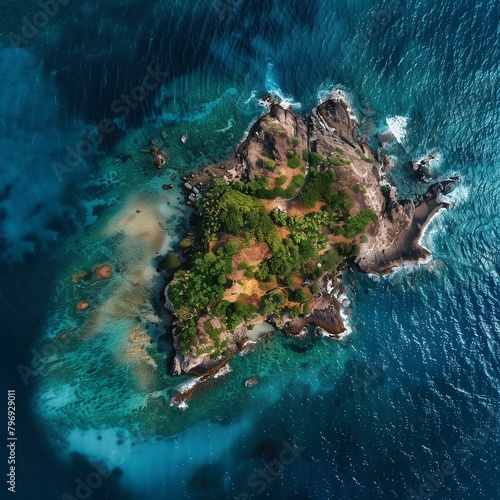 Una imagen de una isla en el medio del océano, vista desde lo alto