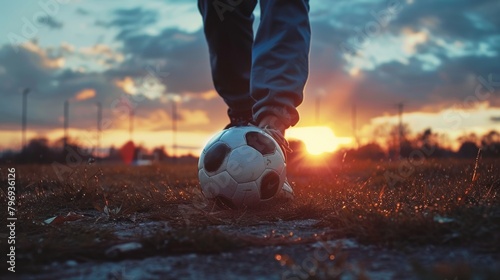 Soccer player performing freestyle tricks with a soccer ball at sunset on a grass field