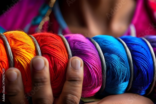 Fotografía de una cesta with ovillos de lana coloridos cercanos, acompañadas de una bufanda vibrante. 
