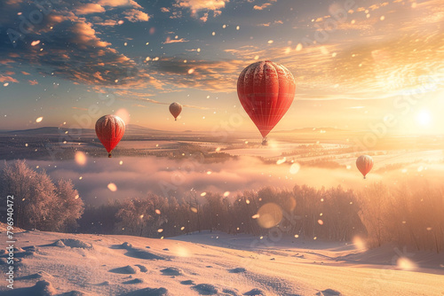 A cluster of balloons rising above a snow-covered landscape, contrasting warmth and cold.