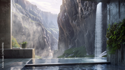 Modern design of a single waterfall on a mountain background. Relaxation area with a waterfall. Design and interior concept.