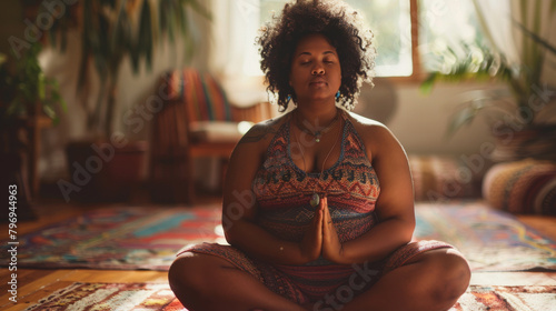 Portrait of an African American woman practicing yoga on a mat at home. A curly plus size woman is meditating in a quiet room. Relaxation concept.