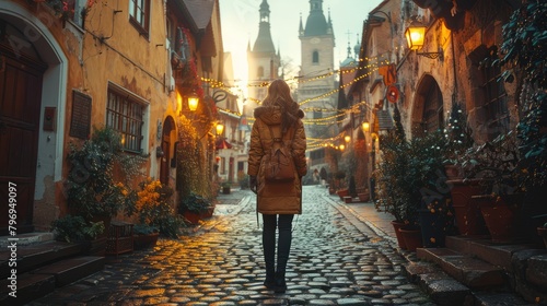 Elegant Woman Walking Towards Historic European Building