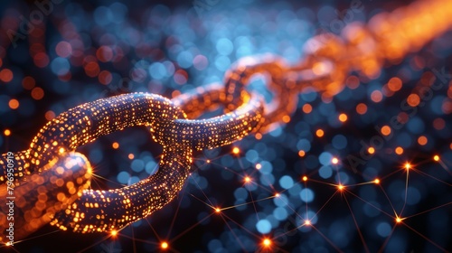 Close-up of a digital blockchain represented by a glowing chain link on a dynamic tech background