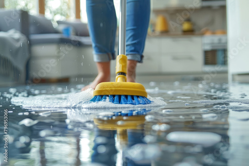 The woman does cleaning in the kitchen, washes the floor with a mop, cleans the tile. Cleaning and restoring order in the house