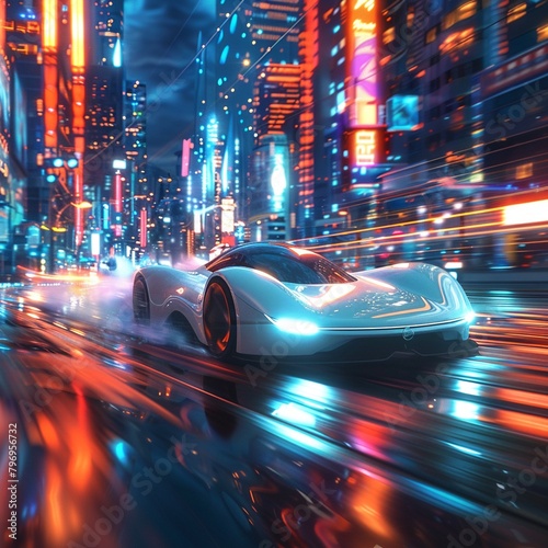 Design a futuristic cartoon of an EV zooming along a city street, with sleek lines and a sense of speed, highlighting its modern technology 8K , high-resolution, ultra HD,up32K HD