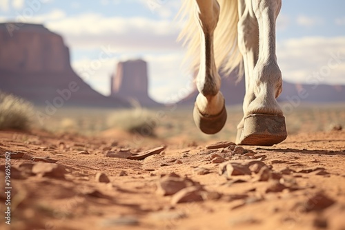 Ground level view of the foot of a horse with Landscape of American’s Wild West with desert sandstones.