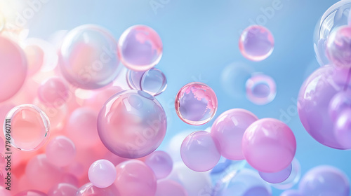 pastel pink and blue gradient glass bubbles floating upwards against a pale blue background