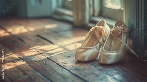 Elegant Ballet Slippers on Dark Wood Floor, generative ai
