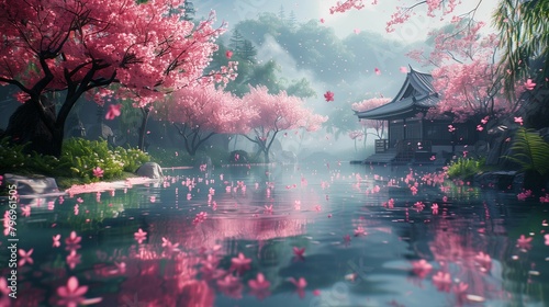 Tranquil Cherry Blossom Garden, generative ai