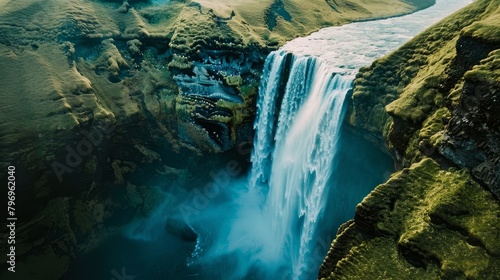 Skogafoss, a majestic waterfall in Iceland, cascades with tremendous force, framed by the rugged Icelandic landscape