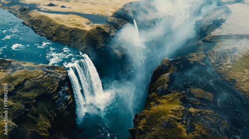 Skogafoss, a majestic waterfall in Iceland, cascades with tremendous force, framed by the rugged Icelandic landscape