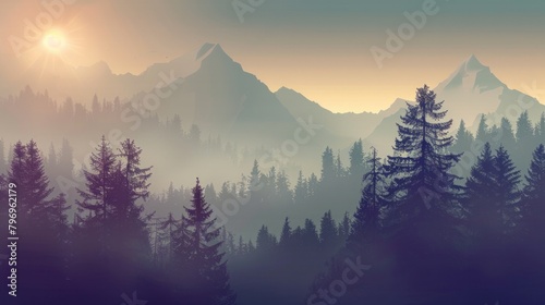 A misty landscape featuring a dense fir forest, rendered in a hipster vintage retro style