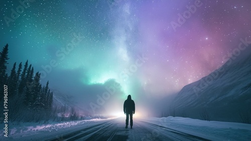 A person stands in highway snow field with beautiful aurora northern lights in night sky in winter.