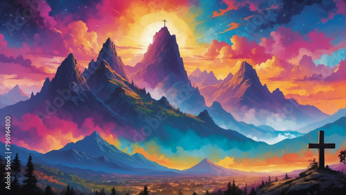 Mountain skyline adorned with silhouettes of crucifix symbols against a backdrop of vibrant, colorful skies.