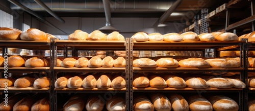 Shelves filled with assorted bread loaves at bakery