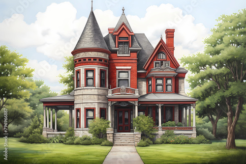Second Empire Style House (Cartoon Colored Pencil) - Originated in France in the mid-19th century, characterized by a mansard roof, dormer windows, and ornate details 