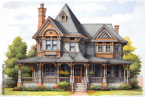 Victorian Stick Style House (Cartoon Colored Pencil) - United States in late 19th century, wood-frame construction with decorative woodwork in the form of brackets, spindles & latticework