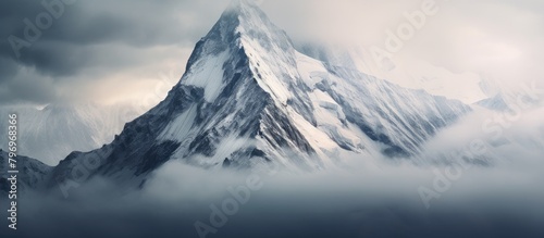 Mountain with snow, clouds, bird in the sky