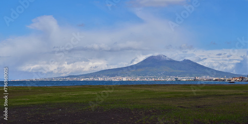 Panoramic view of mount Vesuvius (monte Vesuvio) and the gulf if Naples (golfo di Napoli) from Castellammare di Stabia's seaside, Italy