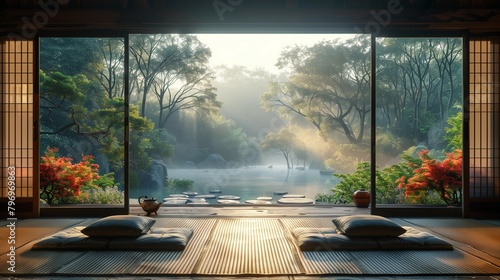 Tranquil Japanese Tea House with Garden View, generative ai