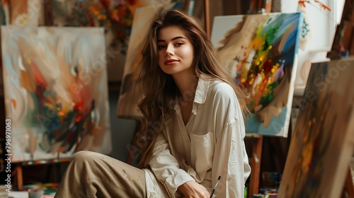 Young Woman Artist in Studio Surrounded by Abstract Paintings - ai generative