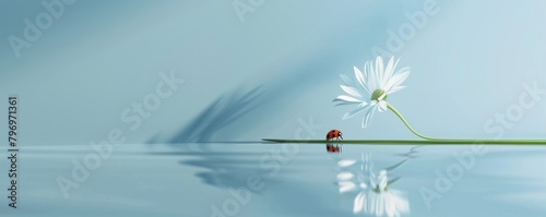 Serene daisy and ladybug on water reflection