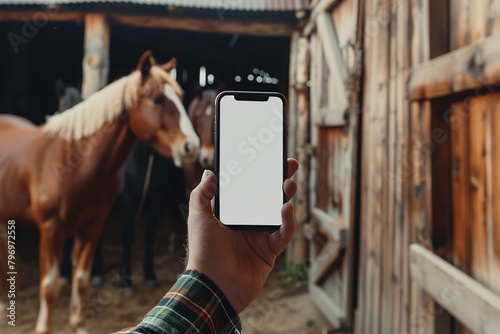 A farmer holding an empty mockup screen mobile phone at the horse barn. Generative Ai content.
