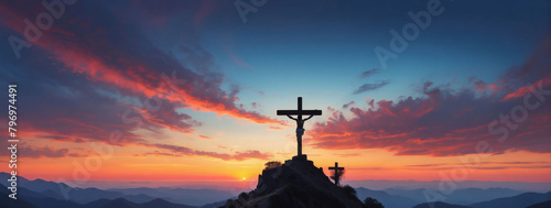 Silhouettes of crucifix symbols perched atop mountain ridges, contrasting with the hues of the vibrant sky.