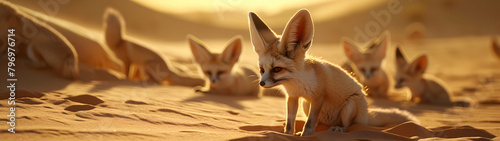 Fennec family sitting in the desert with setting sun shining. Group of wild animals in nature. Horizontal, banner.