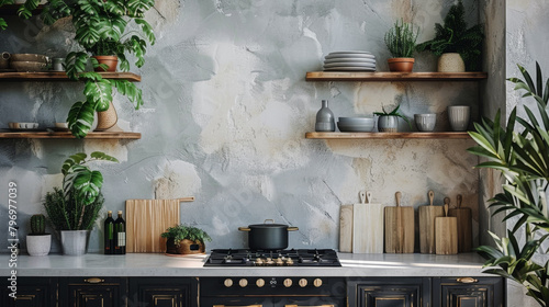 A kitchen with a white wall and a grey background. The kitchen has a lot of plants and a lot of pots and pans. There are many shelves with plates and bowls on them