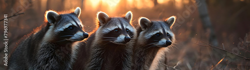 Racoon family in the forest with setting sun shining. Group of wild animals in nature. Horizontal, banner.