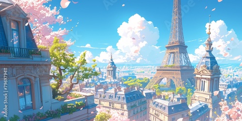 A city street in Paris covered with soft pink and white clouds, the Eiffel Tower visible in the background