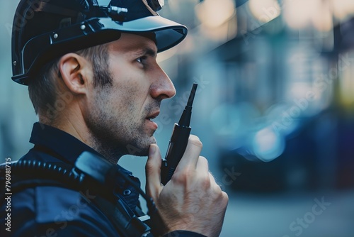Security guard using walkie talkie for police service and backup support. Concept Security Guard Technology, Communication Devices, Police Support, Walkie Talkie Usage, Backup Assistance