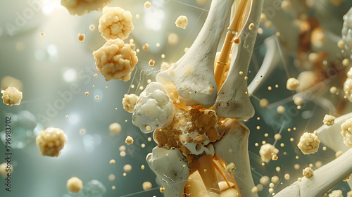 3D visualization of a human elbow surrounded by odd medical windows and cartilage in the background. concept art. An anatomical model showing parts such as the humerus
