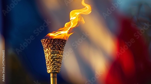 Close-up of the olympic torch lit with a vibrant flame, representing the spirit of the games