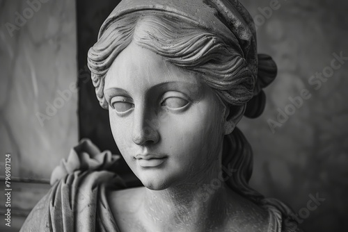 Close-up of a Classical Statue of a Woman in Monochrome