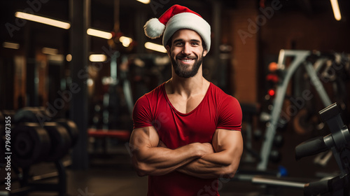 Smiling man in a Santa hat flexing muscles in a gym, embracing the holiday spirit.