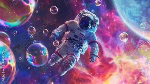Beautiful painting of an astronaut in in a colorful bubbles galaxy on a different planet