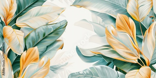 tropical exotic green and gold banana leaves seamless pattern, glamorous digital art light background, hand-drawn fabric illustration, design luxury fashion fabric, clothes, wallpaper