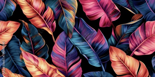 tropical flowers exotic colorful banana leaves and palm leaves seamless pattern, hand-drawn style fabric vintage 3D illustration, glamorous night dark background design luxury wallpaper