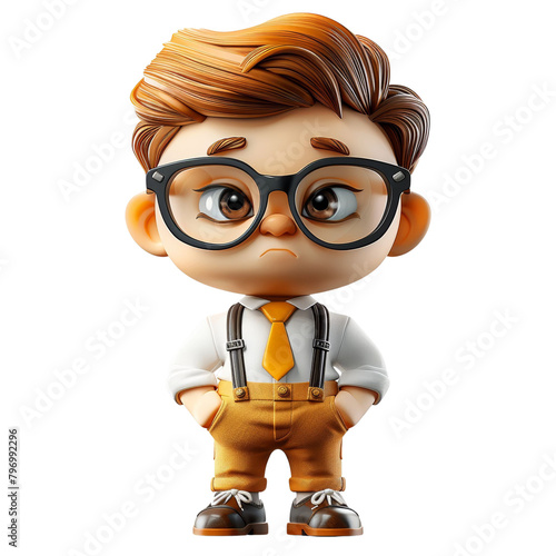 A cartoon boy wearing glasses and a yellow tie
