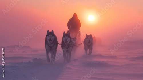 Portrait of Husky dogs in dog sledding in cold winter with snow at sunrise