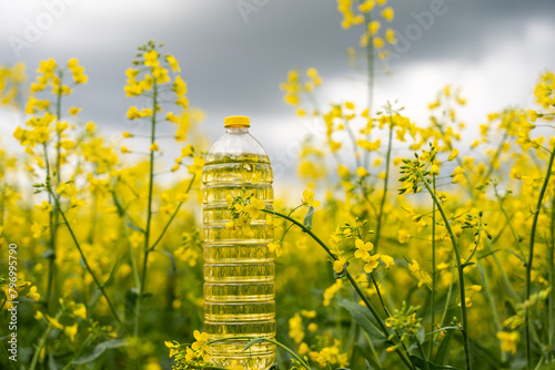 A bottle of rapeseed oil against the background of a yellow blooming rapeseed field. A bottle of rapeseed oil and blooming rapeseed fields.