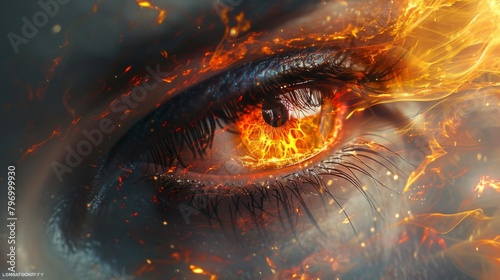 Intense close-up of a fiery tear falling from a human eye, evoking strong emotion and drama