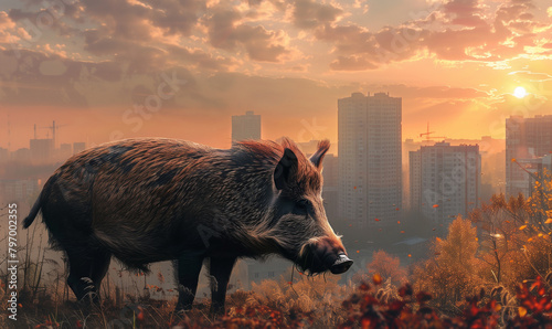 The image of a wild boar in the city center represents the process by which nature returns to urban areas, restoring ecological balance.