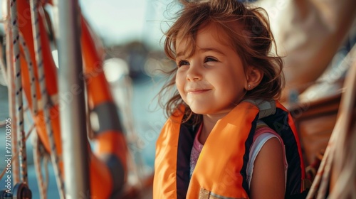 Portrait of a little girl with lifejacket on deck of a yacht in sea.