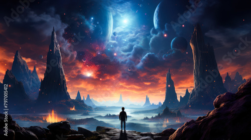 A man stands atop a rocky hillside, surrounded by a sky brimming with stars