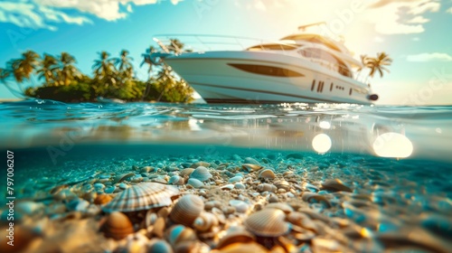 Beautiful sea shell underwater with tropical palm tree island and yacht in sea.