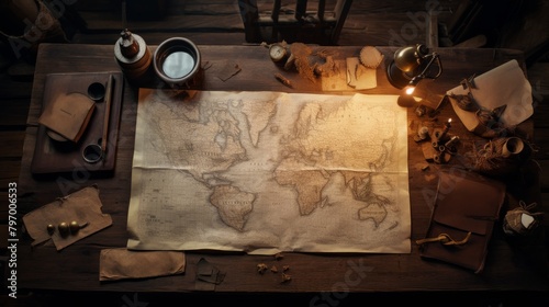 Vintage map on a wooden table surrounded by navigational tools and candles